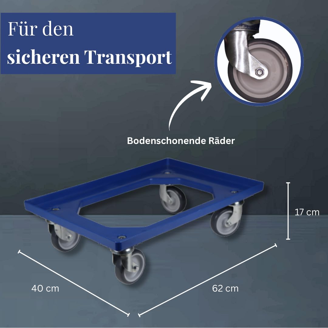 Transportroller Kunststoff 60x40 cm, Blau, 10 Stück – 4 Leichtlauf-Lenkrollen, Traglast 250 kg – ideal für Kisten & Euroboxen, stabile Transporthilfe