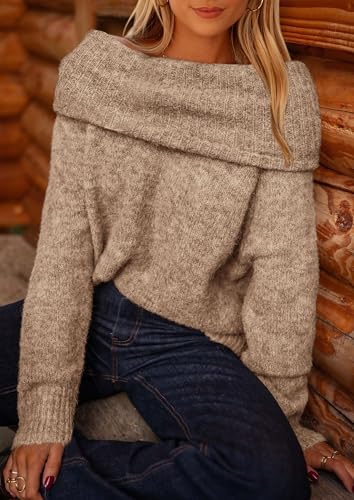 PRETTYGARDEN Women's Off The Shoulder Sweater Long Sleeve Tops 2025 Fall Loose Knit Pullover Sweaters Winter Clothes