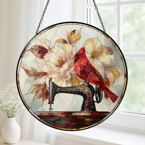 Custom Acrylic Suncatcher with Sewing Machine Design – Vibrant Faux Stained Glass Window Art Featuring Cardinals and Wildflowers – Perfect Gift for Quilters, Crafters, and Moms - Image 9
