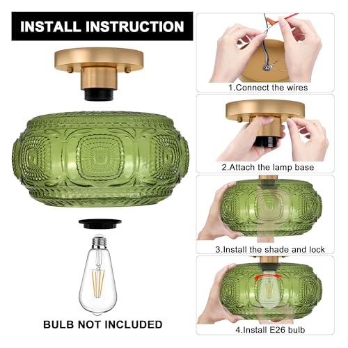 Image of Art Deco Globe Glass Semi Flush Mount Ceiling Light Fixture, Green