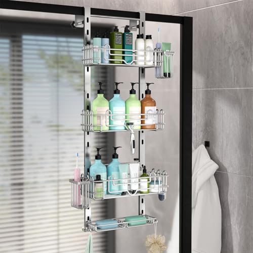 HapiRm Organizador de ducha colgante, estante de ducha con 22 ganchos y 2 soportes para cepillos de dientes, organizador de ducha colgante ajustable sin taladrar para baño, color plateado