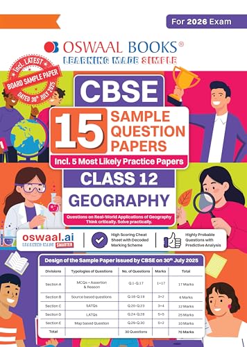 Image of Oswaal CBSE 15 Sample Question Papers Class 12 Geography for 2026 Board Exam (As per CBSE Sample Question Paper issued on 30 July 2025), recommended by 2025 CBSE Toppers