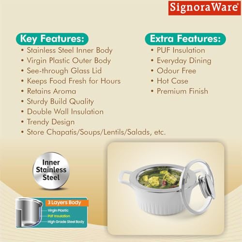 Image of SignoraWare Master Lock BPA Free Plastic Casserole | Inner Stainless Steel With Borosilicate Glass Lid | Perfect for Home, Kitchen & Gifting | Ideal for Storing & Serving Hot Meals (2 Ltr | White)