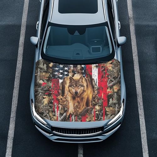 Image of Car Hood Cover, Protector for Women, 59x39 Inch Elastic Polyester Auto Hood Wrap Blanket Wolf American Flag Print Automotive Exterior Accessories for Compact Sedans SUV Trucks