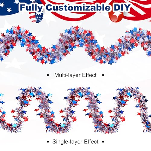 Biliziviro 52FT 4th of July Garland Decorations, Patriotic Glitter Tinsel, Red White and Blue Garland for America 250 Celebration, Parade Float, Front Door, Porch, Golf Cart Decor, Indoor Outdoor — view 4