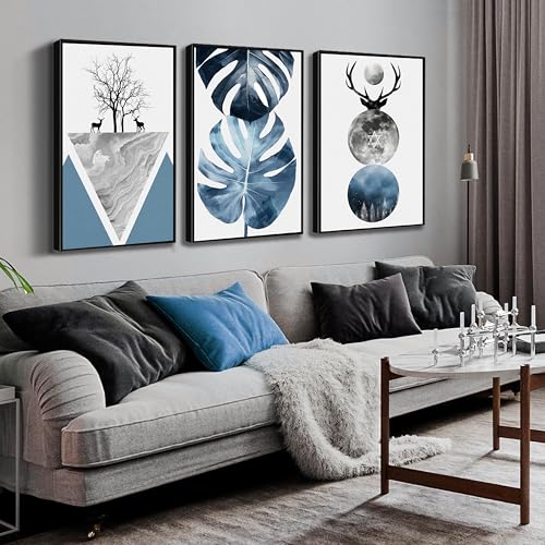 Image of Boho Canvas Wall Art Set of 3 with Black Frame, Abstract Minimalismt Bohemian Deer & Tropical Leaf Pictures Prints Artwork Paintings Wall Decor for Bedroom Living Room Home Decoration 24x36 inches