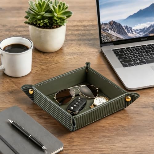 Image of YAPISHI Light Luxury Valet Tray for Men, PU Leather Vanity Jewelry Tray & Decorative Perfume Catchall, Folding Travel EDC Dump Tray, Nightstand Organizer Caddy for Keys, Watches, Coin Bowl Dish