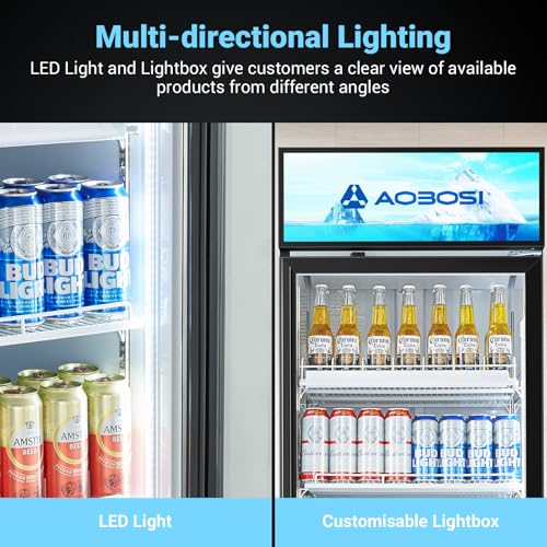 Image of AAOBOSI Commercial Merchandiser Refrigerator,17.1 Cu.Ft Glass Door Display Refrigerator,Upright Beverage Cooler Fridge with Soft LED Light, Customizable Lightbox,Universal Casters,Adjustable Shelves