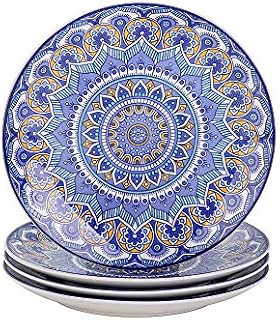 vancasso Mandala Patterned 4-Piece Dinner Plate, Blue Ceramic Bohemian Style Porcelain Tableware, 10.5 inch Dinner/Salad/Fruit/Snack Plate(26.3 * 26.3 * 3cm)