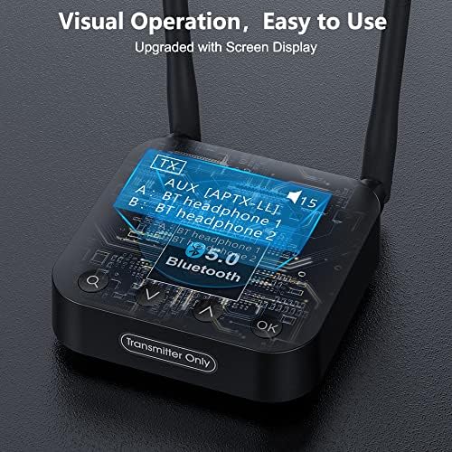 1Mii Bluetooth Transmitter for TV with Display Screen, Long Range Bluetooth 5.0 Audio Transmitter Volume Control, Optical Coaxial RCA 3.5mm Audio Input for TV to 2 Headphones