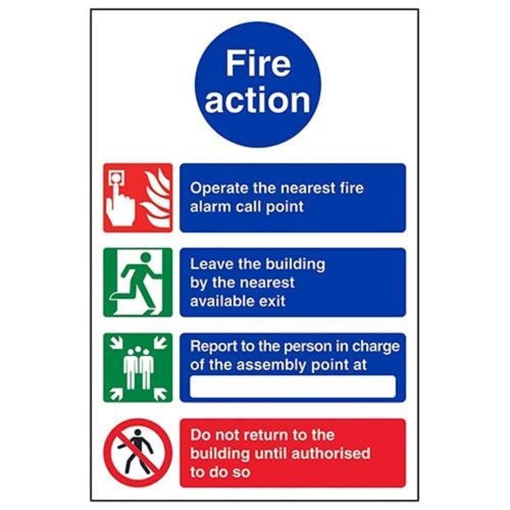 V Safety Fire Action Do Not Re-Enter Fire Action Notice Sign - 210mm x 297mm (A4) - 1mm Rigid Plastic