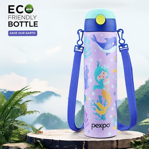 Image of Go24 pexpo Sporty ISI Certified Stainless Steel Water Bottle For School Kids - 700ml (Pack Of 2) | 6+ Years | Sipper Cap | Leakproof & BPA Free | Picnic, Travel, Sport - Purple Mermaid UV Print