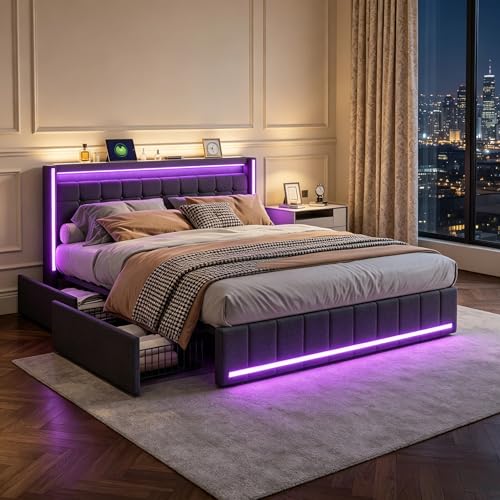 LIVLUX Lit 160x200 avec Sommier LED et USB,lit Double rembourré avec sommier à Lattes et 4 Tiroirs,lit 2 Personnes pour Adultes et Adolescents,Lin (Gris, 160...