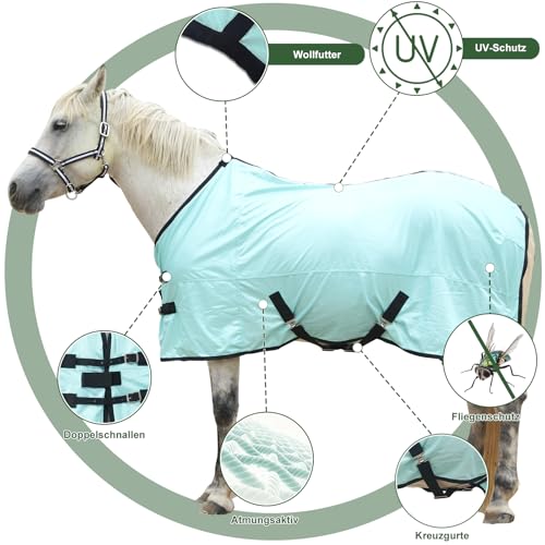 Gallopoff Fliegendecke für Pferde, atmungsaktive Sommerdecke mit UV-Schutz und Kratzschutz, mit verstellbarem Brustverschluss, Kreuzgurt und Beinschnüren Grün 135 cm