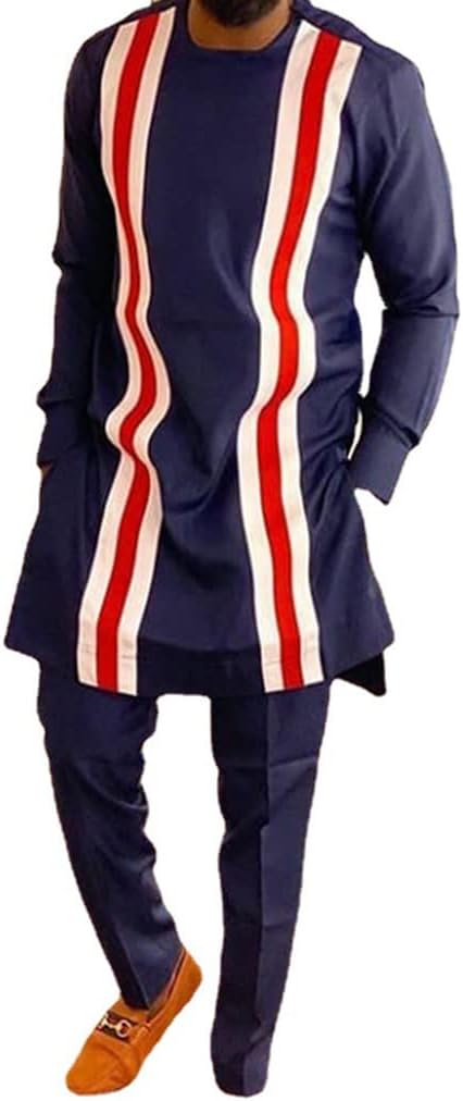 African Men`s Dashiki Clothing Set Shirts and Pants 2 Piece Outfits Tribal Tracksuit Long Sleeve Traditional Suit (Color : Blue, Size : Large)