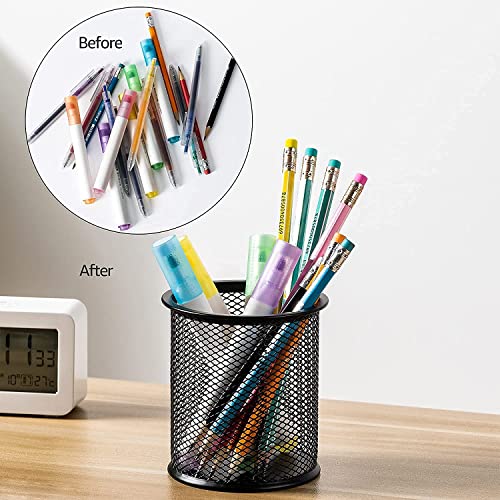 Image of GLUN Round Black Mesh Metal Desk Pen, Pencil and Other Stationery Organiser Holder, Use at Office, School and Home Pack of 5