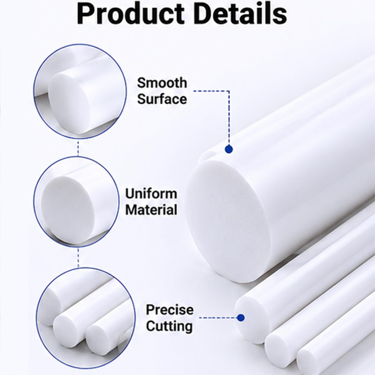 Varilla de PTFE Blanca, Barra de Teflón Sólida 20mm x 500mm, Alta Densidad,Taladrar y Mecanizar, para Casquillos, Arandelas, Guías y Componentes Mecánicos,130mmx200mm