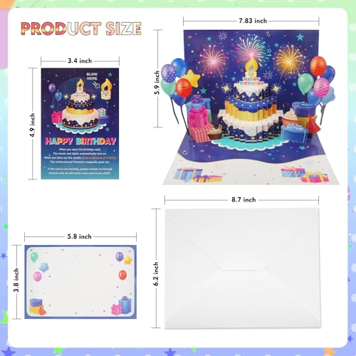 XTF2015 3D Pop Up Birthday Cards Fireworks, Happy Birthday Cards with Music & Lights, Gift Card with Envelope for Women, Men, Wife, Mom, Husband — view 6