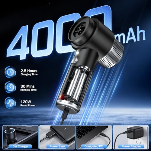 Image of KMM Handheld Car Vacuum Cleaner, 16000PA Hand Held Vacuum Portable Cordless, 2 in 1 Air Duster and Vacuum Cleaner with LED Light, Multi-Nozzles, 120W High Power Mini Vacuum for Home, Pet, Office