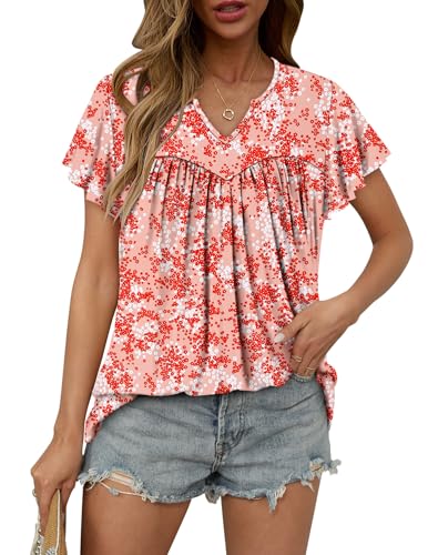 KISSMODA Tops for Womens Summer Cute Short Sleeve Shirts Trendy Notched Neck Blouses Casual Loose Pleated Tunics S-3Xl