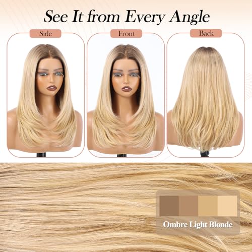Image of EMMOR Human Hair Wig for Women 13x5x1 Inch HD Lace Front Wig 18 Inch Layered Glueless Wigs Pre-Plucked Hairline Human Hair Blend Premium Synthetic Fiber for Everyday Wear(Ombre Light Blonde)