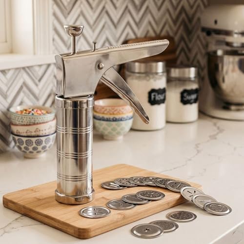 Image of we3 Stainless Steel Kitchen Press with 15 Different Types of Jalies Sev Maker, Idiyappam Press, Murukku Machine, Noodle & Namkeen Maker, Gathiya Maker Multipurpose Snack Maker