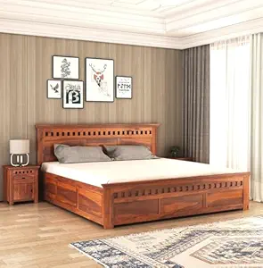Safenap Solid Sheesham Wood King Size Double Bed with Box Storage | Wooden Double Cot Bed Palang for Bedroom | Honye Finish