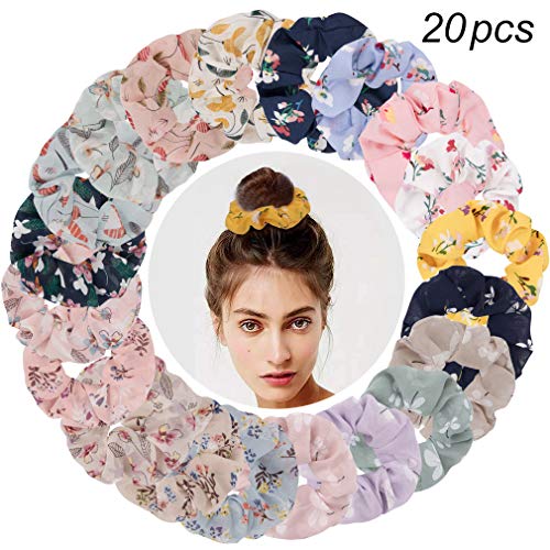 TOBATOBA 20 Pack Chiffon Hair Scrunchies Flower Scrunchy Hair Bobbles Floral Hair Ties Ponytail Holder for Women Ladies, 20 Colors