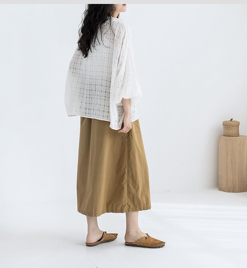 100% Linen Summer Lady Loose Waist Large Pocket Skirt Young Girl Pink Long Skirt Temperament Generous Women Clothing4