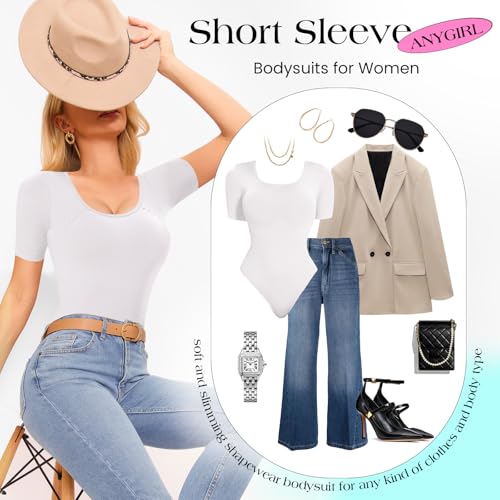 Image of Anygirl Short Sleeve Shapewear Bodysuit for Women Tummy Control Round Neck Body Shaper Seamless Thong Bodysuits T-Shirt Tops