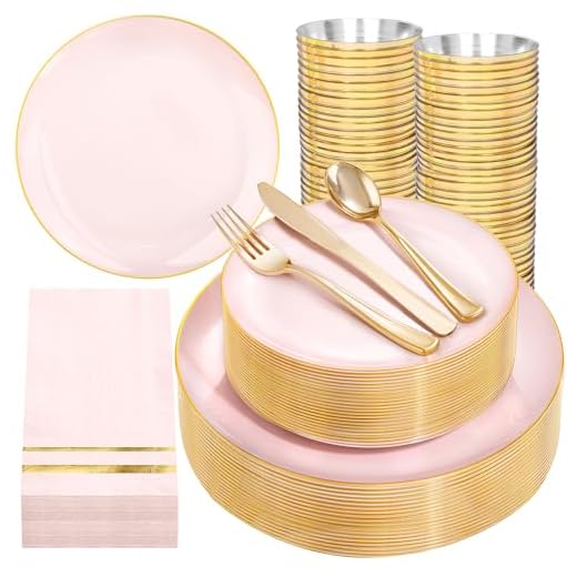 NOCCUR 350PCS Pink and Gold Plastic Plates - Pink Disposable Plastic Dinnerware Set for 50 Guests Include 50 Dinner Plates,50 Dessert Plates,150 Gold Cutlery,50 Cups&50 Napkins for Party&Wedding