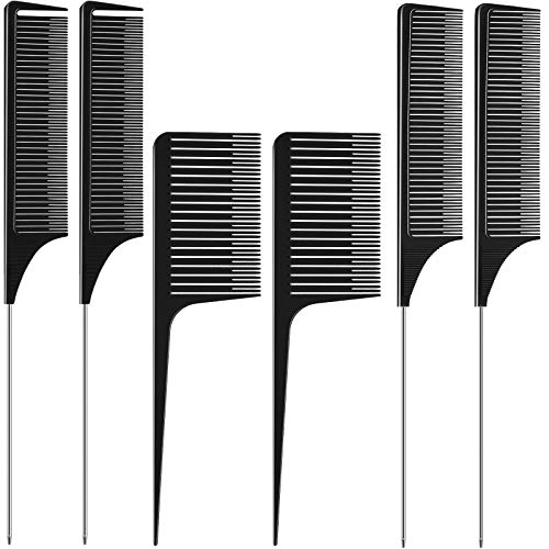 6 Pieces Weaving Highlighting Foiling Hair Comb Rat Tail Comb Steel Pintail Comb Dyeing Hair Comb Weaving Sectioning Foiling Comb Styling Hair Dyeing Combs for Hair Coloring, Teasing (Black)