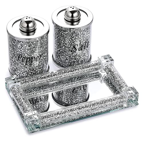 Juxyes Set Of 3 Sparkle Glass Crystal Crushed Diamond Salt And Pepper Shakers With Tray, Luxurious Diamond Style Salt Pepper Jar Canister Storage Pots For Kitchen Counter Dining Room Home Décor #TOP3