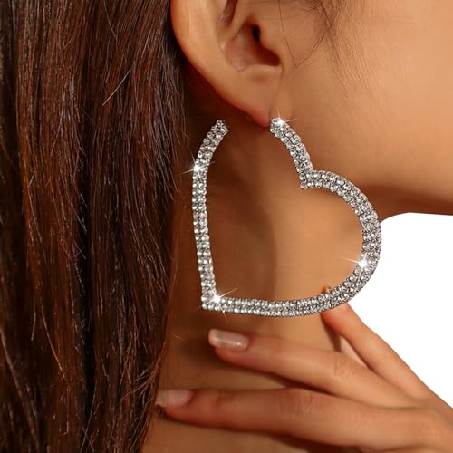 Luxury Crystal Large Hoop Dangle Earrings - Rhinestone Heart Statement Drop Earrings for Bridal Wedding Occasions4