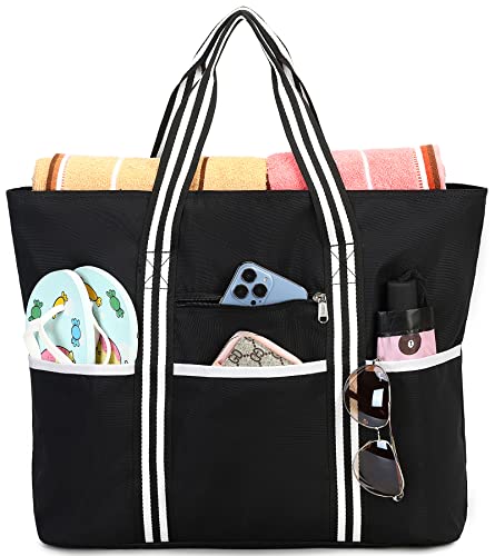 LEDAOU Große Strandtasche Damen Umhängetasche Handtasche Wasserdichter Sanddichter Reißverschluss Pool Picknick Fitnessstudio Reisetasche (B-Schwarz)