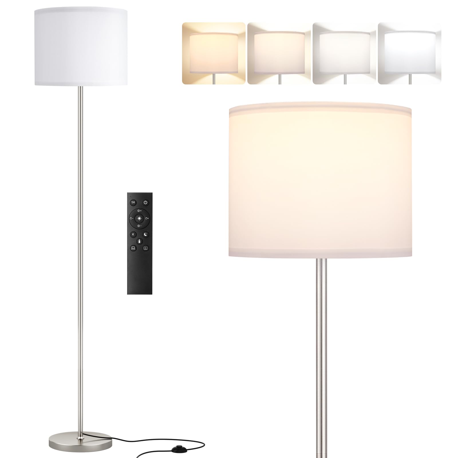 PreeOtti Modern Simple Floor Lamp with Remote, Foot Switch, White Shade and Silver Standing Lamp for Living Room (9W Bulb Included)
