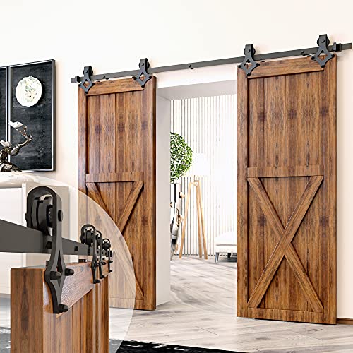 Homacer Black Rustic Non-Bypass Sliding Barn Door Hardware Kit, for Two/Double Doors, 9ft Long Flat Track, Diamond Design Roller, Heavy Duty, for Interior & Exterior Use Homacer Black Rustic Non-Bypass Sliding Barn Door Hardware Kit, for Two/Double Doors, 9ft Long Flat Track, Diamond Design Roller, Heavy Duty, for Interior & Exterior Use