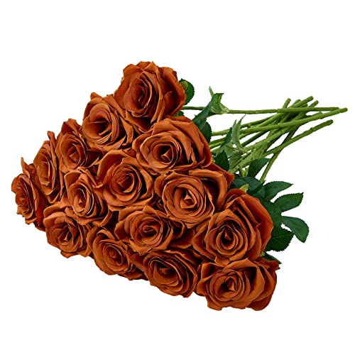 Carlita‘s Blooms 15pcs Burnt Orange Fake Roses Artificial Silk Flowers Faux Rose Flower Long Stems Bouquet for Arrangement Wedding Centerpiece Party Home Kitchen Decor(VASE NOT Included)
