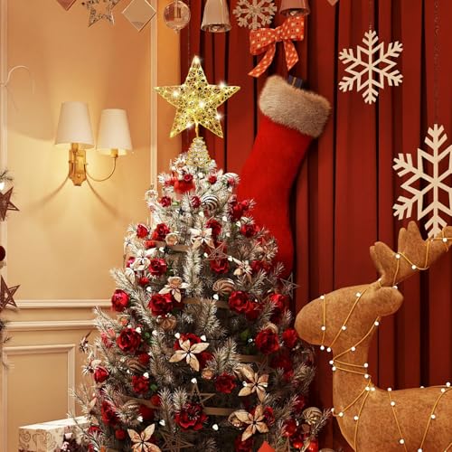 Bocguy Christbaumspitze Stern Gold, 25 x 20cm Baumspitze Weihnachten, Weihnachtsbaum Stern Spitze mit 20 LED, Tannenbaum Spitze für Weihnachtsbaum, Christbaumspitze Beleuchtet, Innendekoration (A)