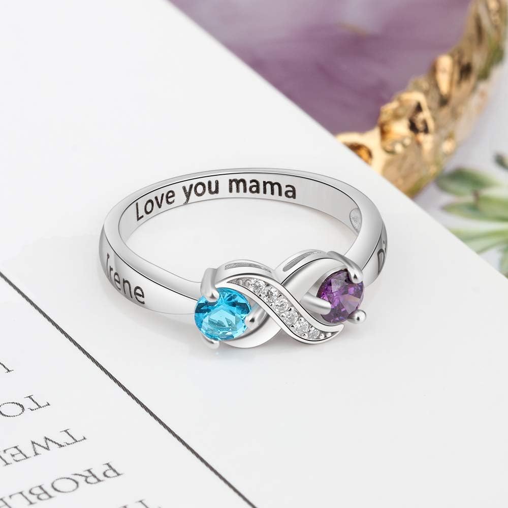 925 Sterling Silver Personalized Infinity Mothers Rings with 2 Round Simulated Birthstones Custom Engraved Engagement Promise Rings for Women