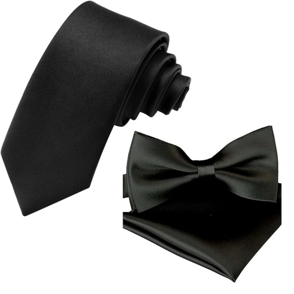 Satin Necktie, Bow Tie & Pocket Square Combo | Tie for Men | Pre-Tied Adjustable Bowtie for Men | Formal, Wedding, Party, Tuxedo & Suit Accessory (Set of 3)