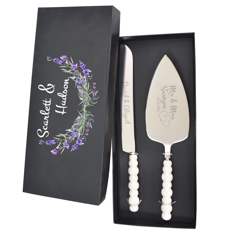 Mocessory Ensemble de Couteau à Gâteau de Mariage Personnalisé – Couteau et Serveur en Acier Inoxydable avec Gravure, Cadeau pour Mariage, Anniversaire
