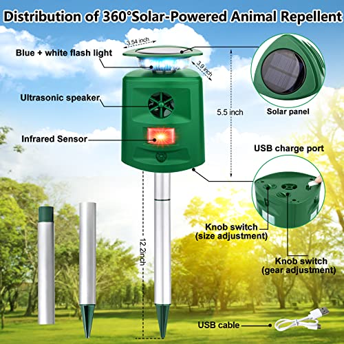 Solar Animal Repeller Outdoor, 360°Ultrasonic Animal Repeller, Cat Repellent Outdoor, Skunk Repellent, Motion Sensor & Flashing Light, Repel,Deer, Raccoon, Rabbit, Squirrels.coyote Deterrent #TOP5