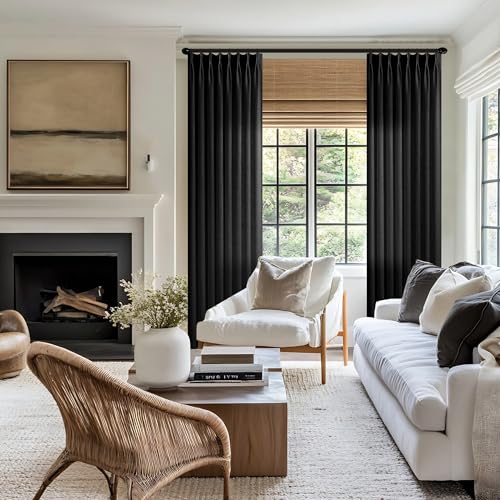 Image of Black Pinch Pleated Linen Curtains 102 Inches Long 1 Panel 50 Inch Width | for Living Room, Bedroom, Light Filtering, Boho, Window Drape, with Hooks Rings, Sliding Glass Door, Semi Sheer, 102 Inch