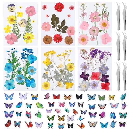Kit artesanal con 130 flores prensadas secas y stickers miniatura 1