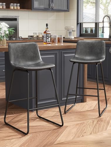 Image of REONEY Bar Stools Set of 2, 26 inch Urban Faux Leather Counter Stools, Grey