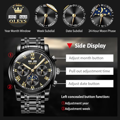 Image of OLEVS Mens Automatic Watch Mechanical Self Winding Luxury Business Dress Moon Phase Stainless Steel Calendar Wrist Watches for Men Waterproof Luminous