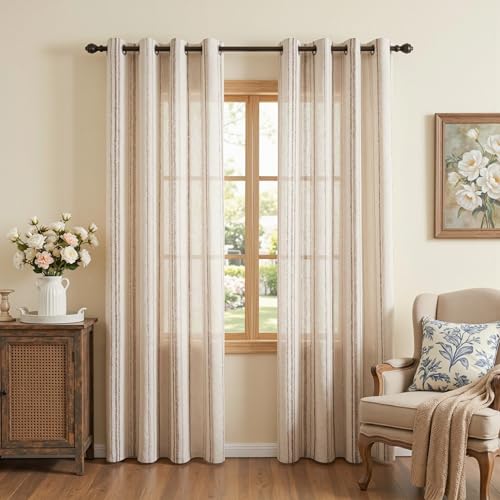 Image of MYSKY HOME Taupe Striped Patterned Curtains for Bedroom Living Room 96 Inches Long Tan Ticking Stripe Pinstripe Farmhouse Rustic Light Filtering Linen Blended Drapes, Grommet, 2 Panels, 52 inch Wide