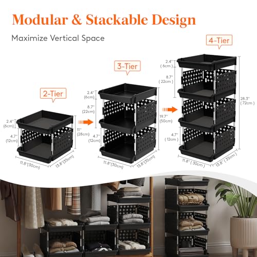 Lifewit Plastic Stackable Storage Baskets, 4 Tier Stacking Bins 13.8"D x 11.8"W x 28.3"H, Large Capacity Multi-Functional Containers Shelves for Pantry, Playroom, Kitchen and Bedroom, 1 Pack, Black - Image 5