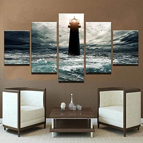 Phare Océan Affiche Tableaux, Posters Et Arts Décoratifs Tableau Cuisine Decoration Murale Salon Moderne Impressions Sur Toile Intissee 5 Pièces Avec Cadre...